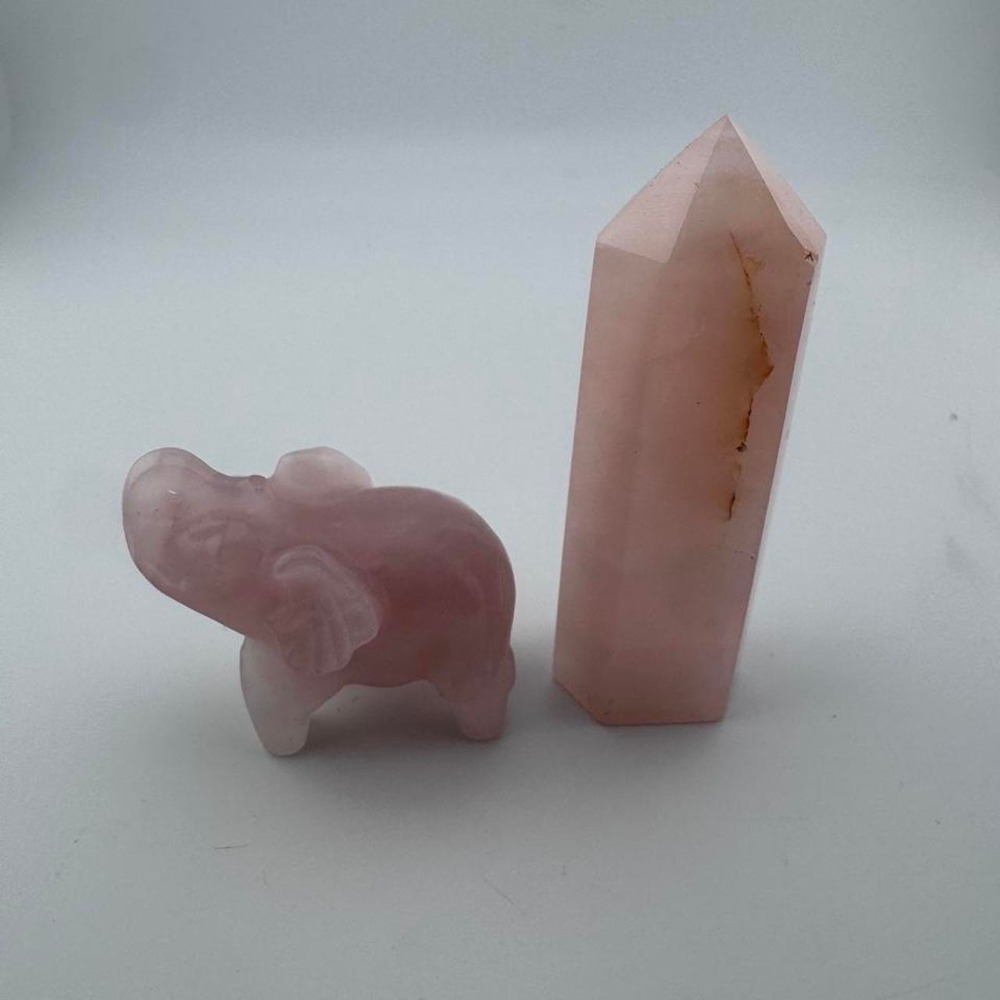 Pink rose quartz elephant and tower set